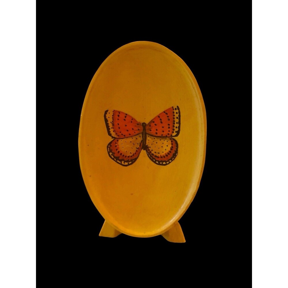 Vtg Oval Ceramic Decoupage Butterfly Plaque & Stand Tabletop Or Wall Hanging